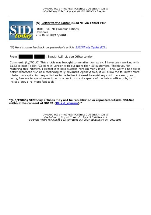 (S) <u>Letter to the Editor</u>: SIGINT via Tablet PC?