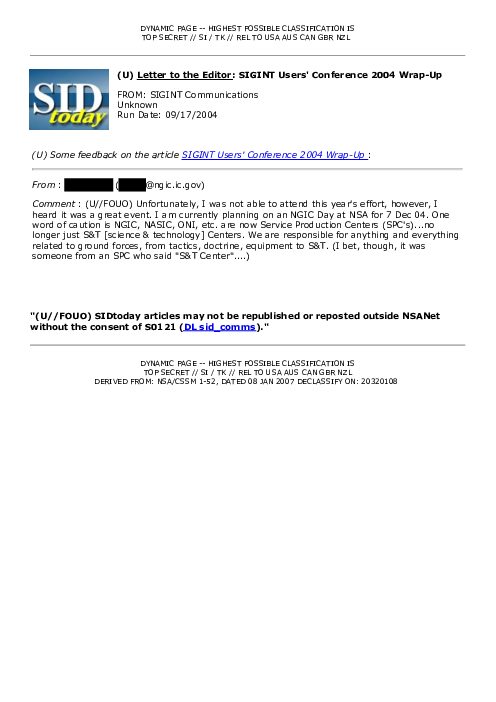 (U) <u>Letter to the Editor</u>: SIGINT Users' Conference 2004 Wrap-Up