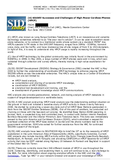 2004-09-17 SIDToday - SIGDEV Successes and Challenges of High Power Cordless Phones HPCP