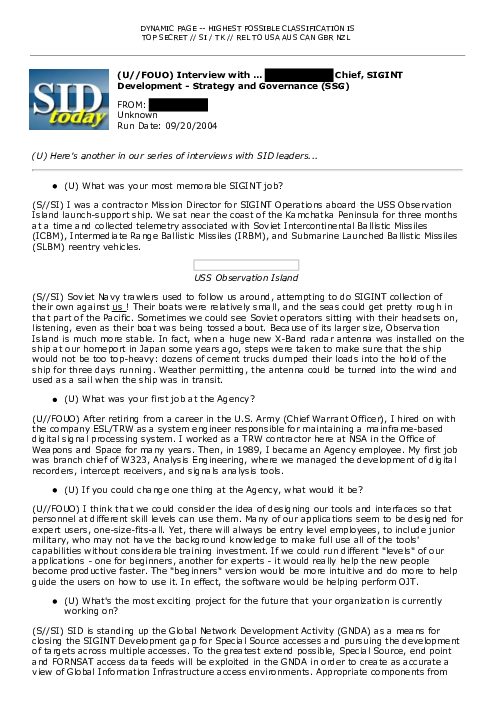 (U//FOUO) Interview with ... Leon Stanley, Chief, SIGINT Development - Strategy and Governance (SSG)