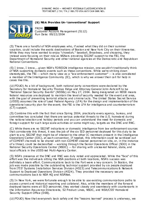 (S) NSA Provides Un-'conventional' Support