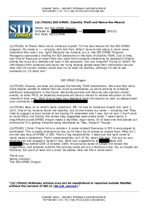 (U//FOUO) SID OPSEC: Identity Theft and Name-the-Mascot