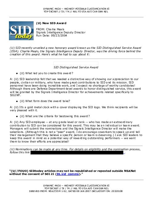 (U) New SID Award