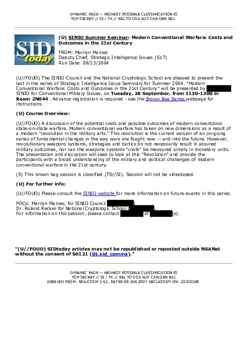 2004-09-23 SIDToday - SINIO Summer Seminar Modern Conventional Warfare Costs and Outcomes in the 21st Century