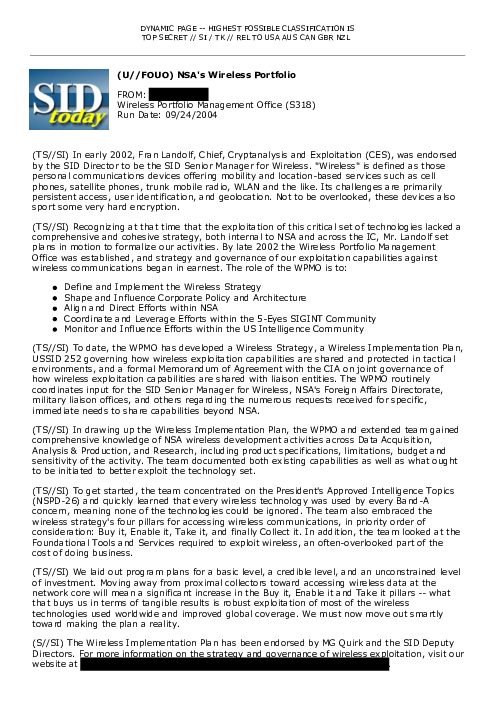 (U//FOUO) NSA's Wireless Portfolio