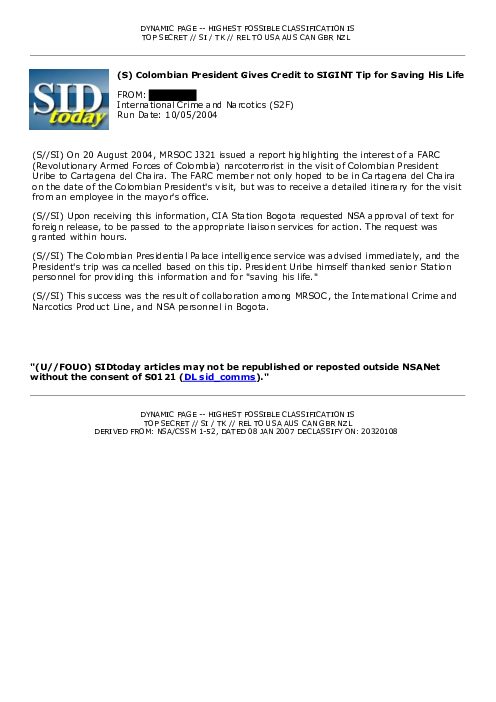 (S) Colombian President Gives Credit to SIGINT Tip for Saving His Life