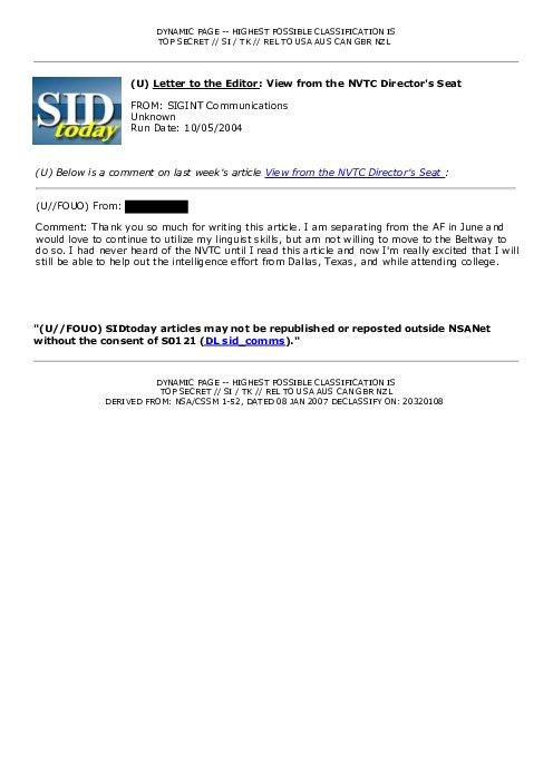 (U) <u>Letter to the Editor</u>: View from the NVTC Director's Seat