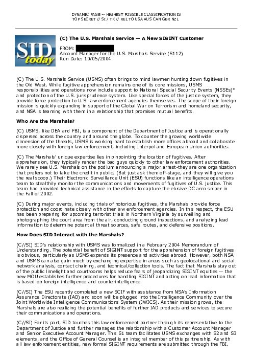 2004-10-05 SIDToday - The US Marshals Service -- A New SIGINT Customer