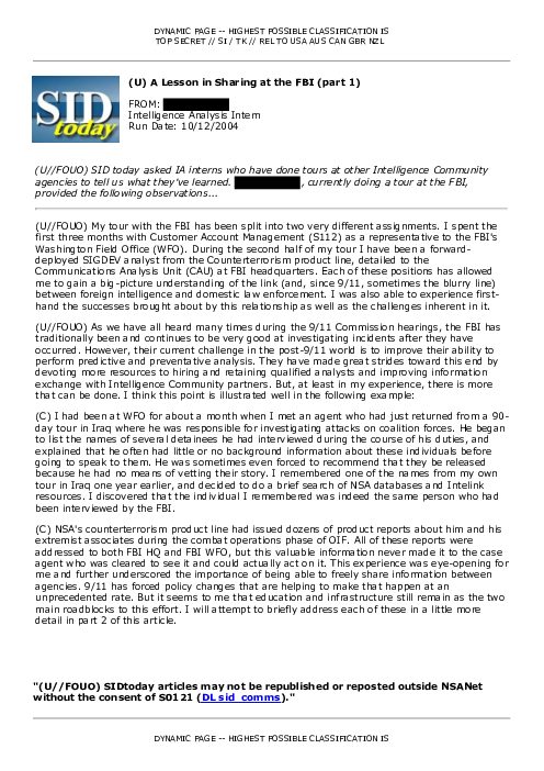(U) A Lesson in Sharing at the FBI (part 1)