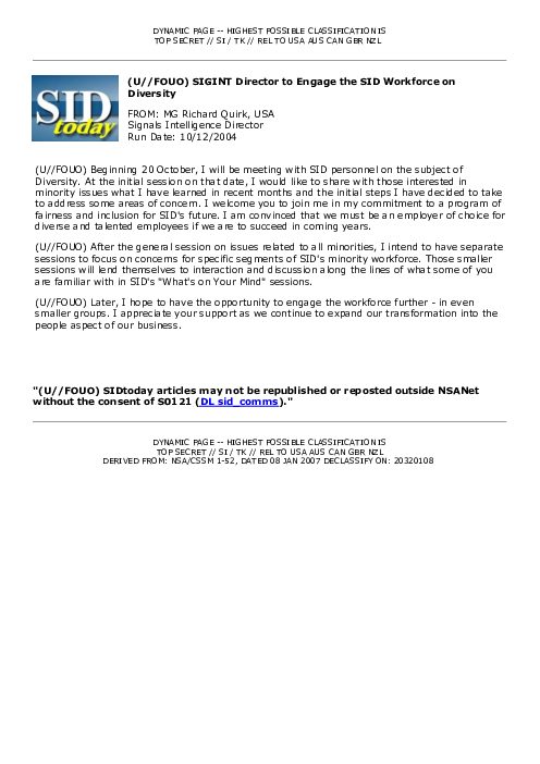 2004-10-12 SIDToday - SIGINT Director to Engage the SID Workforce on Diversity