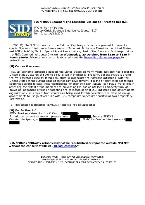 (U//FOUO) <u>Seminar</u>: The Economic Espionage Threat to the U.S