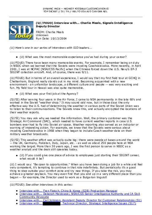 (U//FOUO) Interview with... Charlie Meals, Signals Intelligence Deputy Director