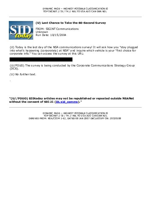 2004-10-15 SIDToday - Last Chance to Take the 60-Second Survey