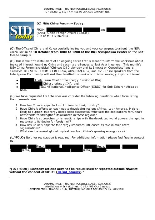 2004-10-18 SIDToday - NSA China Forum -- Today