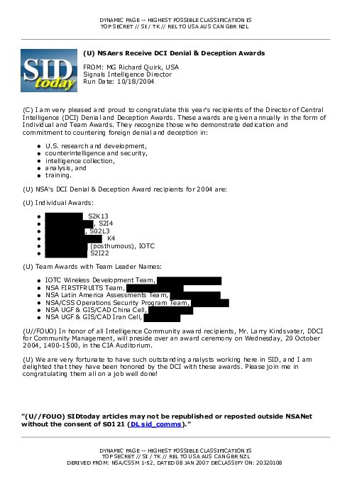 (U) NSAers Receive DCI Denial &amp; Deception Awards
