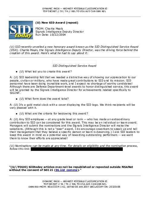 (U) New SID Award (repost)