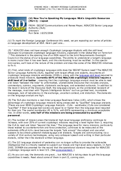 2004-10-25 SIDToday - Now Youre Speaking My Language NSAs Linguistic Resources Part I - repost