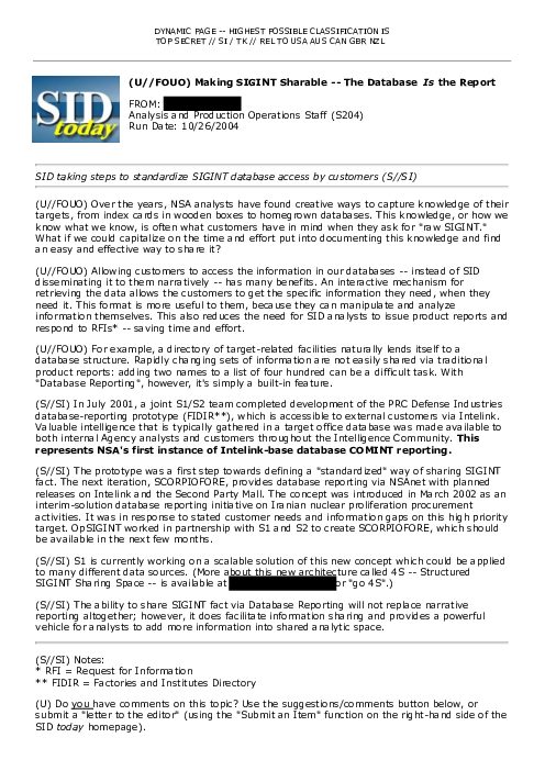 (U//FOUO) Making SIGINT Sharable -- The Database <i>Is</i> the Report
