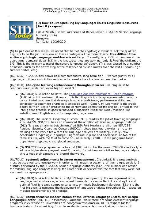 2004-10-26 SIDToday - Now Youre Speaking My Language NSAs Linguistic Resources Part II - repost