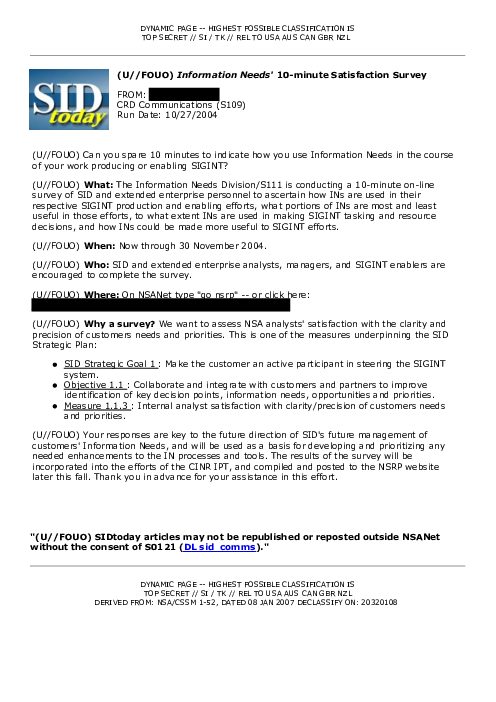 2004-10-27 SIDToday - Information Needs 10-minute Satisfaction Survey