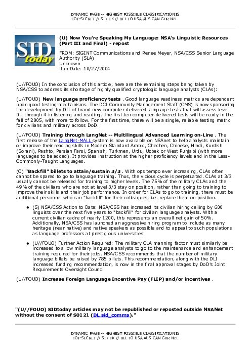 \⠀唀尩 Now You're Speaking My Language: NSA's Linguistic Resources \⠀倀愀爀琀 䤀䤀䤀 愀渀搀 䘀椀渀愀氀尩 - repost