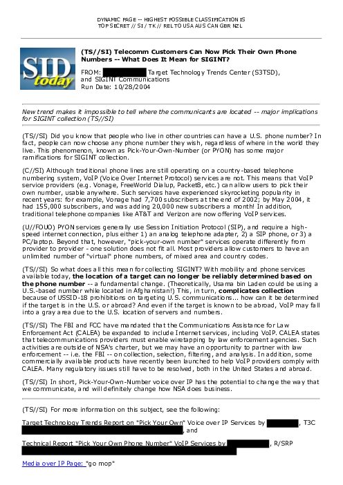 (TS//SI) Telecomm Customers Can Now Pick Their Own Phone Numbers -- What Does It Mean for SIGINT?