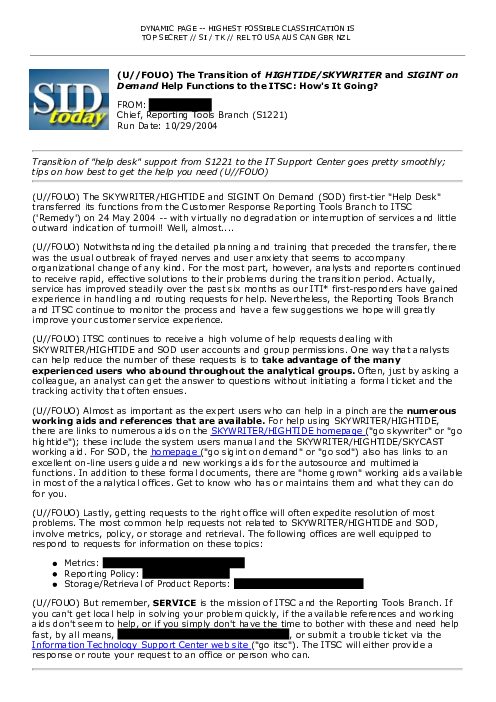 (U//FOUO) The Transition of <i>HIGHTIDE/SKYWRITER</i> and <i>SIGINT on Demand</i> Help Functions to the ITSC: How's It Going?
