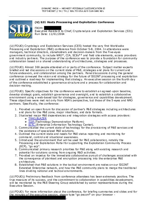 2004-11-01 SIDToday - S31 Hosts Processing and Exploitation Conference