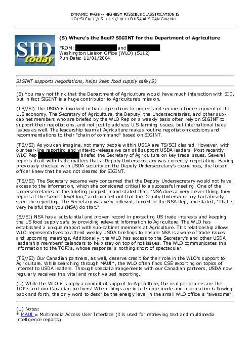 2004-11-01 SIDToday - Wheres the Beef SIGINT for the Department of Agriculture