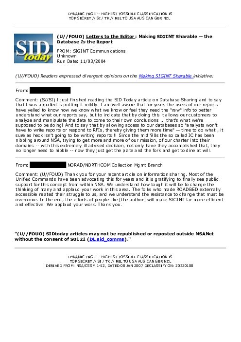 (U//FOUO) <u>Letters to the Editor</u>: Making SIGINT Sharable -- the Database <i>Is</i> the Report