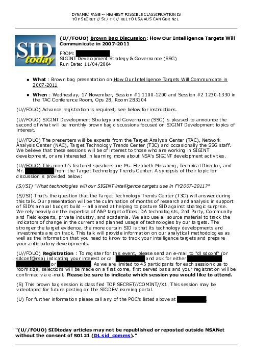 (U//FOUO) <u>Brown Bag Discussion</u>: How Our Intelligence Targets Will Communicate in 2007-2011