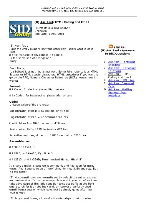 2004-11-05 SIDToday - Ask Raul HTML Coding and Email