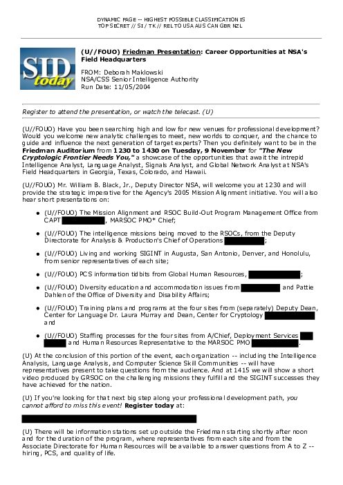 (U//FOUO) <u>Friedman Presentation</u>: Career Opportunities at NSA's Field Headquarters