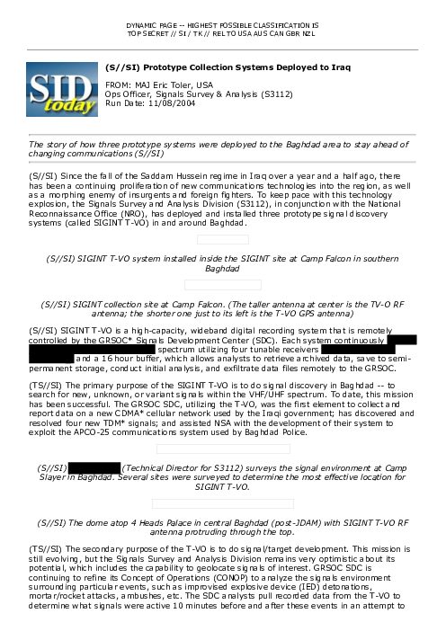 2004-11-08 SIDToday - Prototype Collection Systems Deployed to Iraq