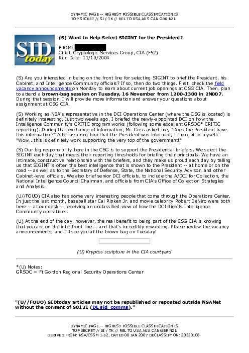 (S) Want to Help Select SIGINT for the President?
