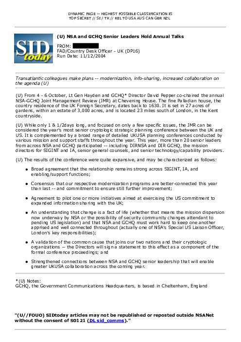 2004-11-12 SIDToday - NSA and GCHQ Senior Leaders Hold Annual Talks