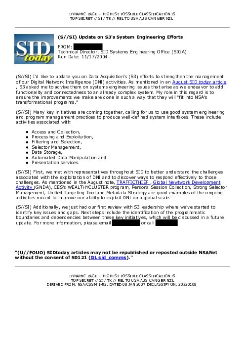 2004-11-17 SIDToday - Update on S3s System Engineering Efforts