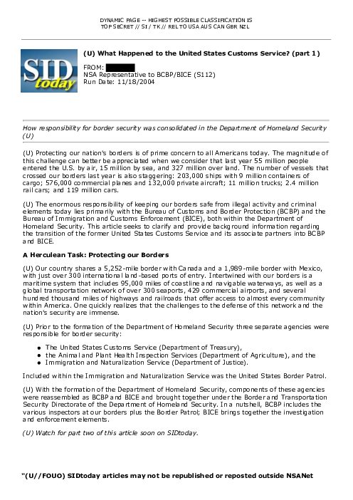 (U) What Happened to the United States Customs Service? (part 1)