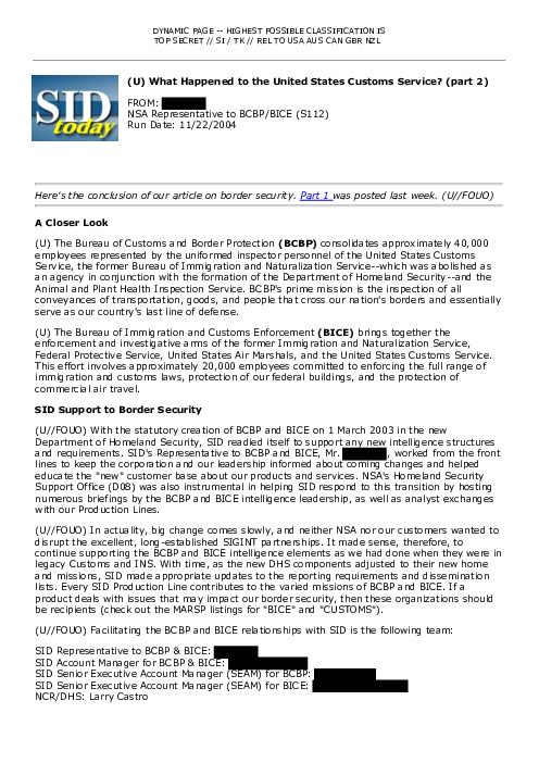 (U) What Happened to the United States Customs Service? (part 2)