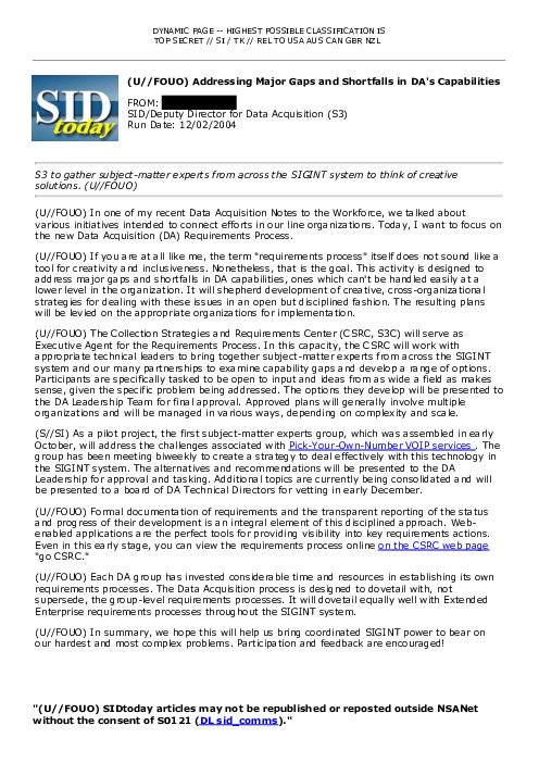 2004-12-02 SIDToday - Addressing Major Gaps and Shortfalls in DAs Capabilities