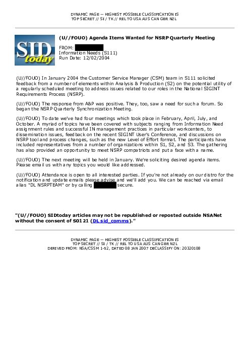 (U//FOUO) Agenda Items Wanted for NSRP Quarterly Meeting