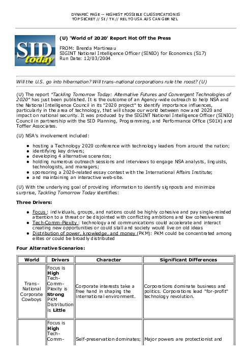 2004-12-03 SIDToday - World of 2020 Report Hot Off the Press