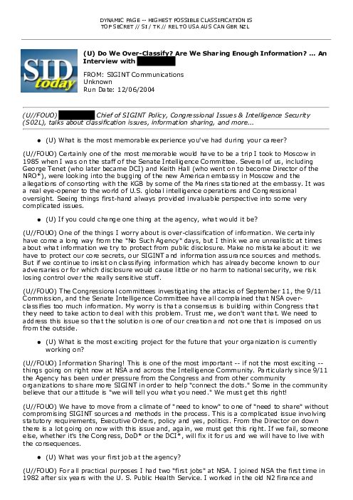 2004-12-06 SIDToday - Do We Over-Classify Are We Sharing Enough Information An Interview with REDACTED
