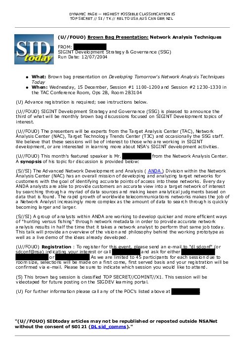 (U//FOUO) <u>Brown Bag Presentation:</u> Network Analysis Techniques