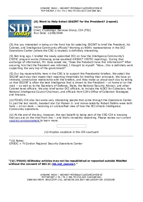 (S) Want to Help Select SIGINT for the President? (repost)