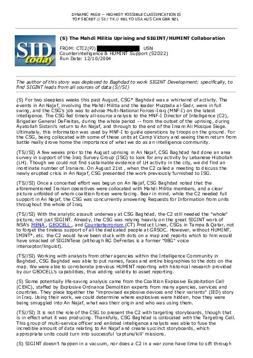 (S) The Mahdi Militia Uprising and SIGINT/HUMINT Collaboration