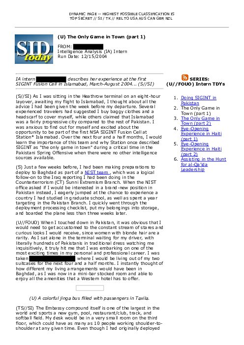 (U) The Only Game in Town (part 1)