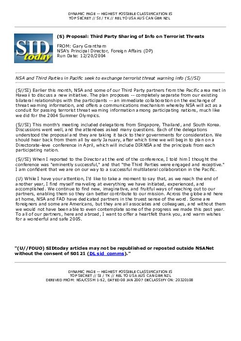 2004-12-20 SIDToday - Proposal Third Party Sharing of Info on Terrorist Threats