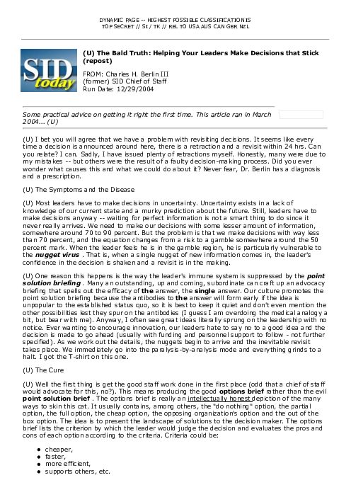 2004-12-29 SIDToday - The Bald Truth Helping Your Leaders Make Decisions that Stick repost