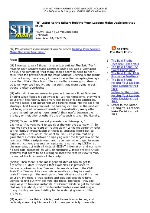 (U) Letter to the Editor: Helping Your Leaders Make Decisions that Stick